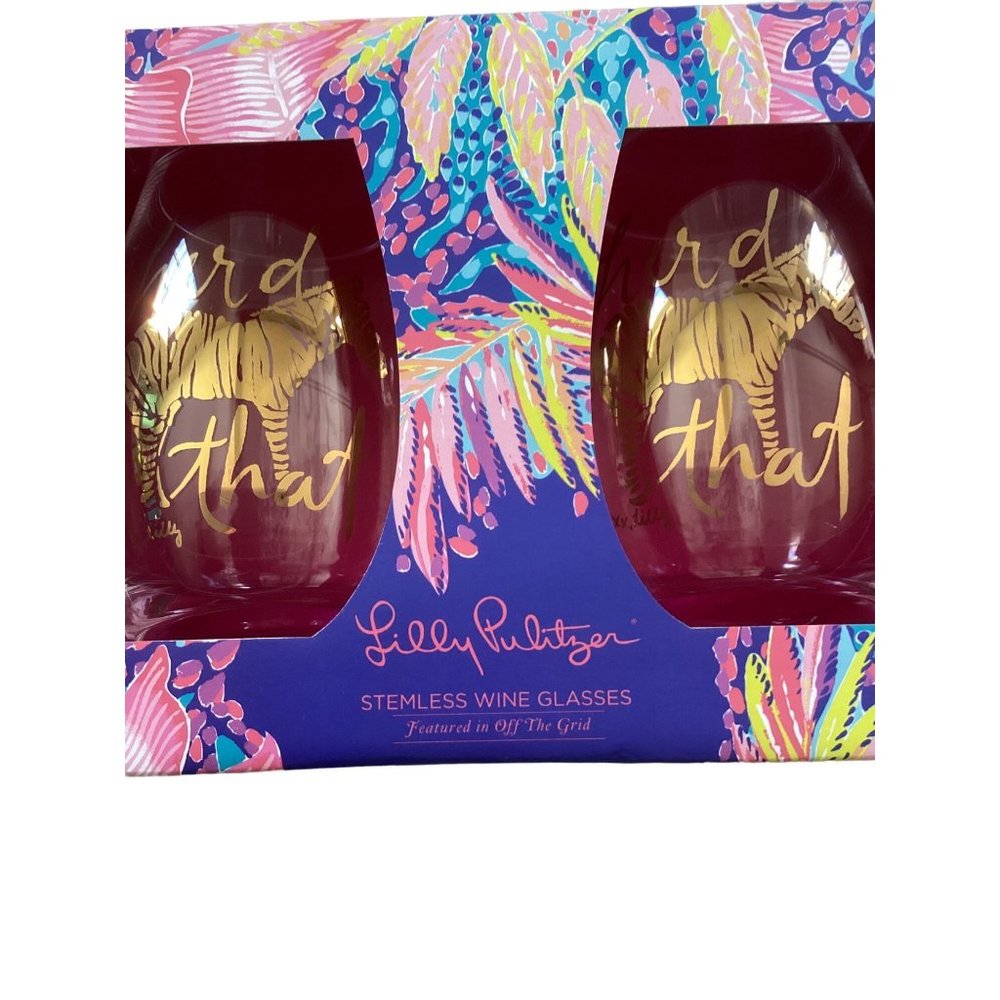 Lilly Pulitzer Two 16 oz Stemless Wine Glasses * Herd That * Zebras*NIB